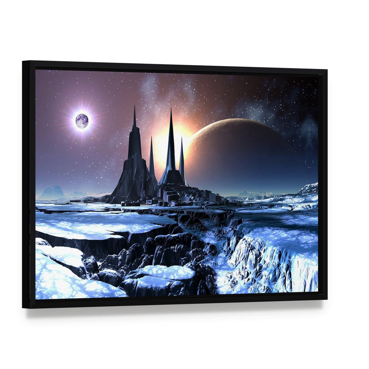 Snowy Alien Planet Canvas Wall Art, framed canvas in a black floater frame, angled product view