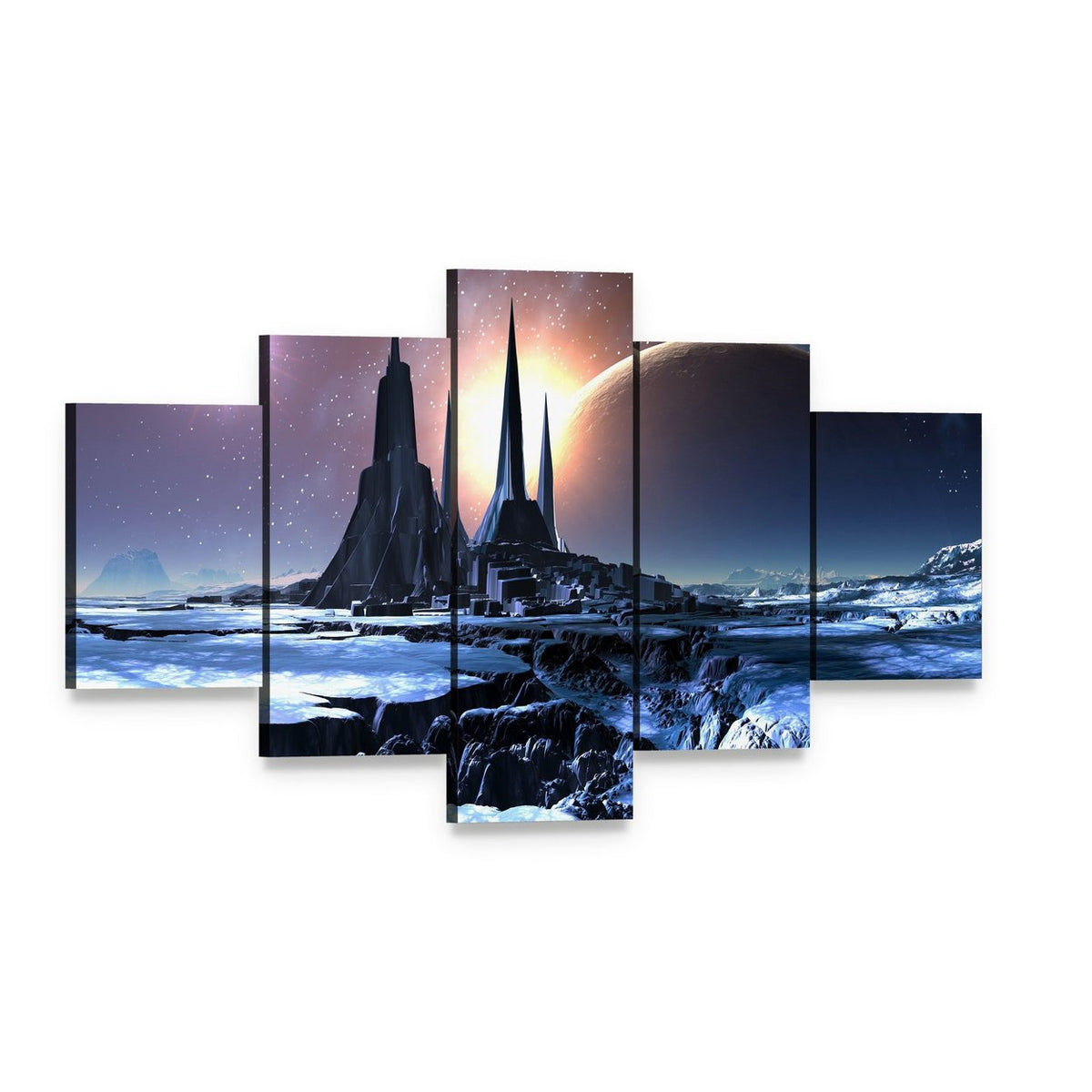 Snowy Alien Planet Canvas Wall Art, 5 panel 5 Star layout gallery wrapped canvas set, angled product view