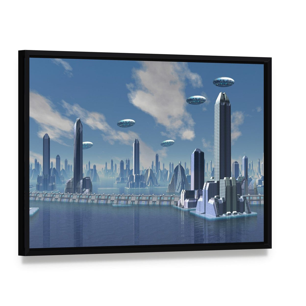 Ufo Over Futuristic Alien City Canvas Wall Art, framed canvas in a black floater frame, angled product view