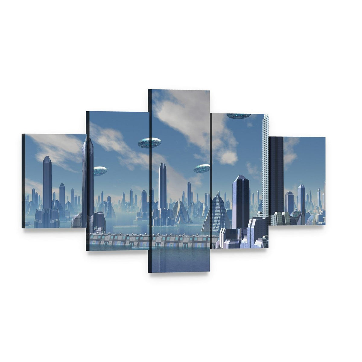 Ufo Over Futuristic Alien City Canvas Wall Art, 5 panel 5 Star layout gallery wrapped canvas set, angled product view
