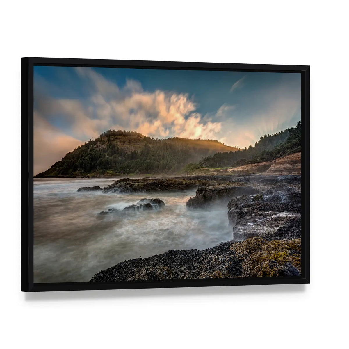 Cape Perpetua Rocky Coast at Sunset Canvas Wall Art, framed canvas in a black floater frame, angled product view