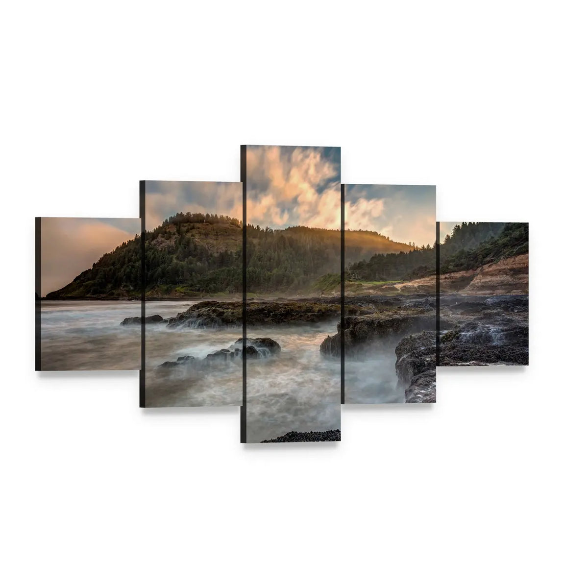 Cape Perpetua Rocky Coast at Sunset Canvas Wall Art, 5 panel 5 Star layout gallery wrapped canvas set, angled product view