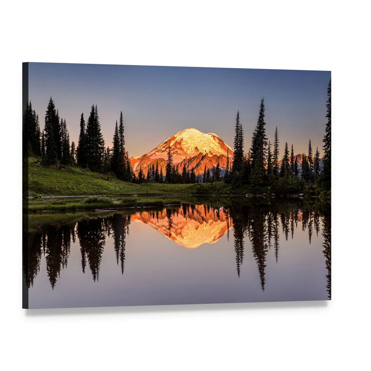 Mount Rainier Sunset Reflection Canvas Wall Art, single panel gallery wrapped canvas, angled product view