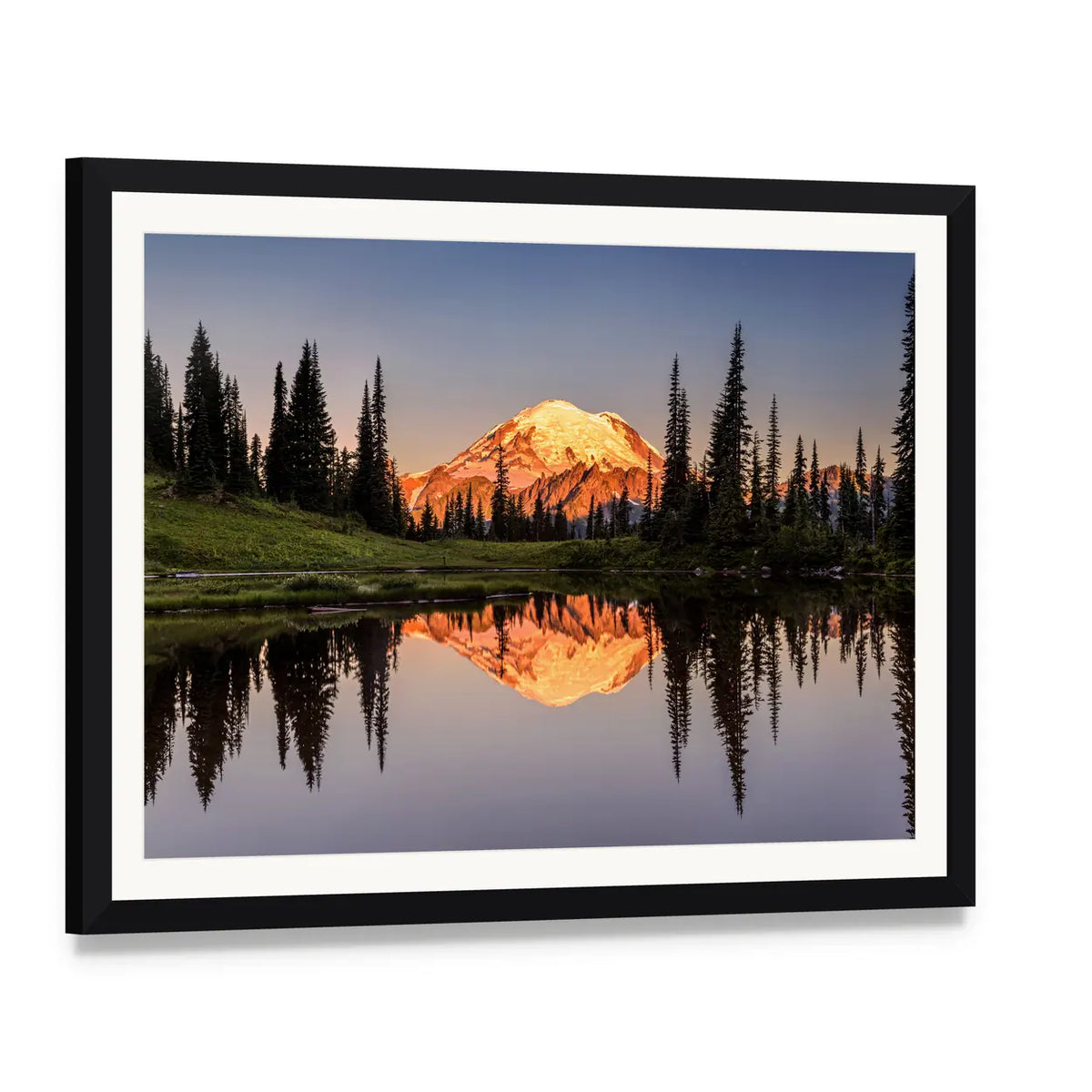 Mount Rainier Sunset Reflection Canvas Wall Art, framed print with white mat and black frame, angled product view