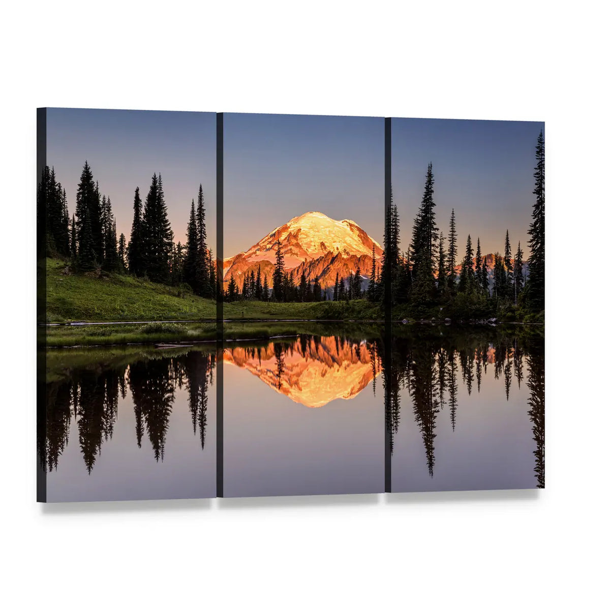 Mount Rainier Sunset Reflection Canvas Wall Art, 3 panel 3 Horizontal layout gallery wrapped canvas set, angled product view