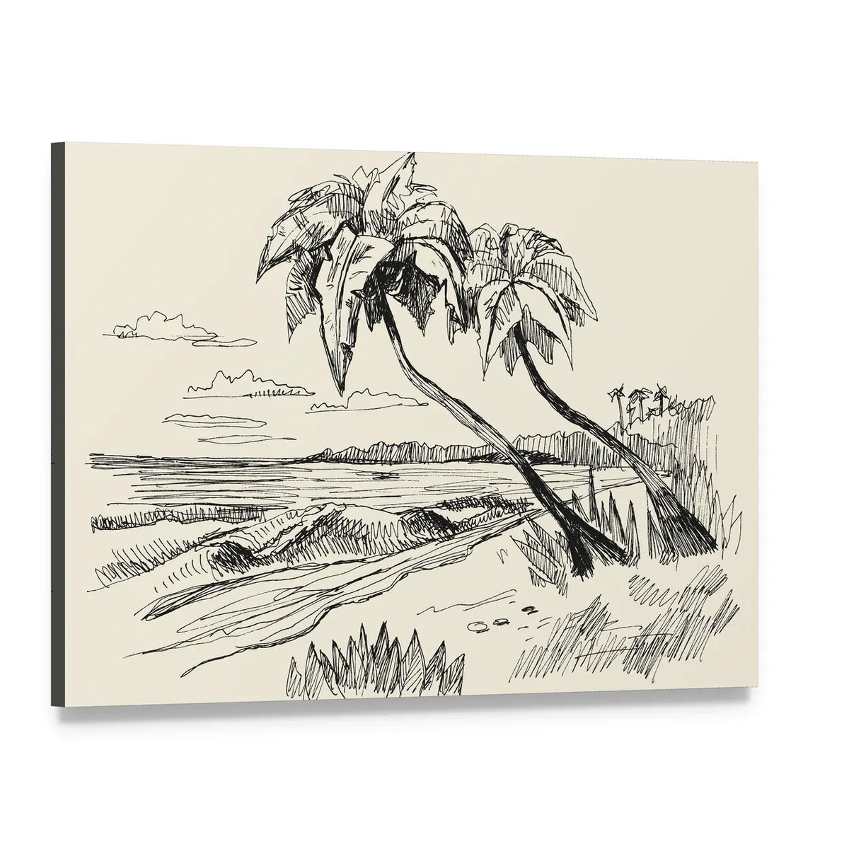 Hand-drawn Beach Sketch with Leaning Palm Trees Canvas Wall Art, single panel gallery wrapped canvas, angled product view