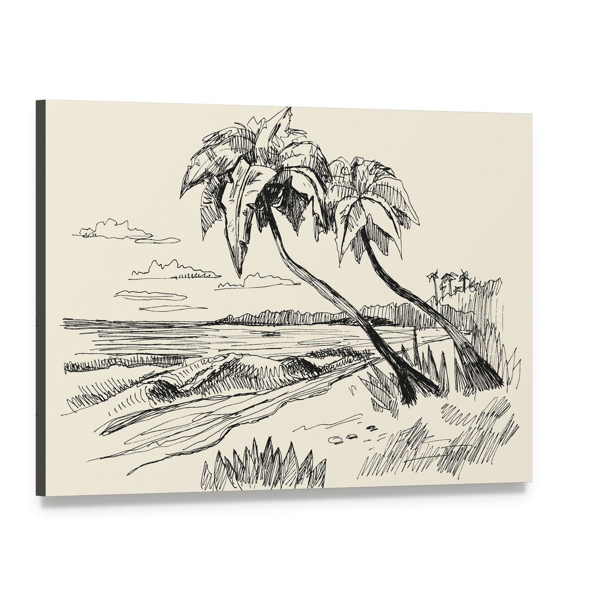 Hand-drawn Beach with Two Leaning Palms Canvas Wall Art, single panel gallery wrapped canvas, angled product view