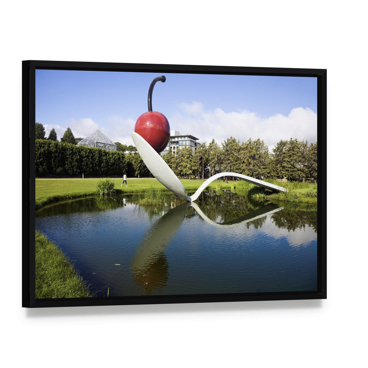 Spoonbridge and Cherry Sculpture Canvas Wall Art, framed canvas in a black floater frame, angled product view