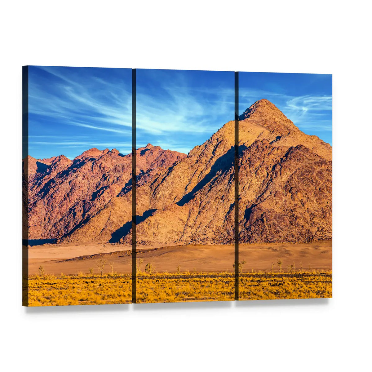 Yellow Mountains of Namib Desert Canvas Wall Art, 3 panel 3 Horizontal layout gallery wrapped canvas set, angled product view