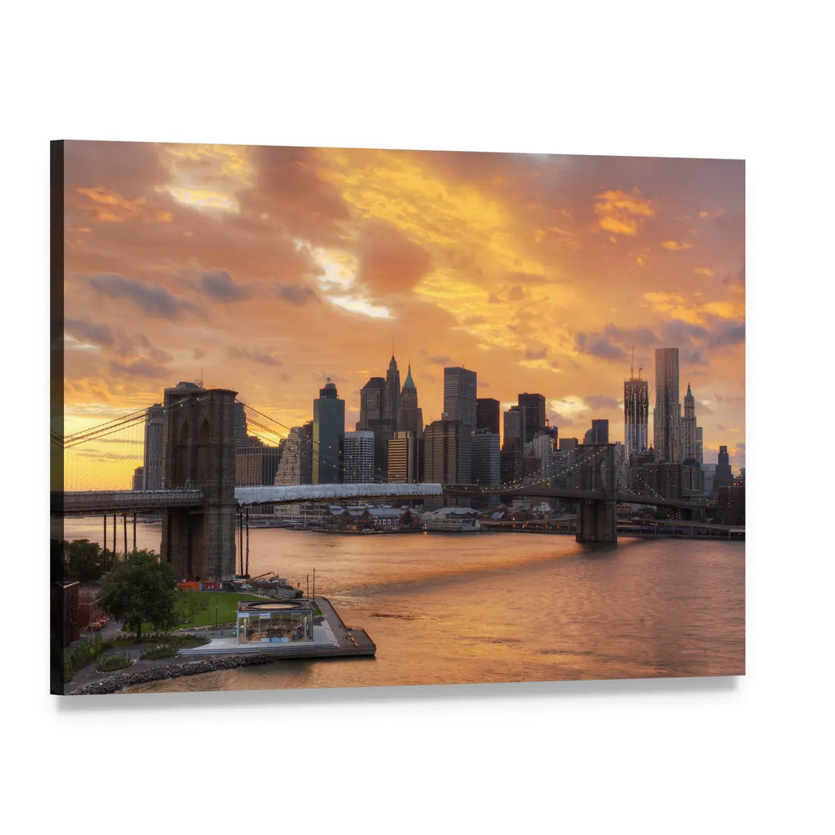 Brooklyn Bridge and Manhattan at Sunset Canvas Wall Art, single panel gallery wrapped canvas, angled product view