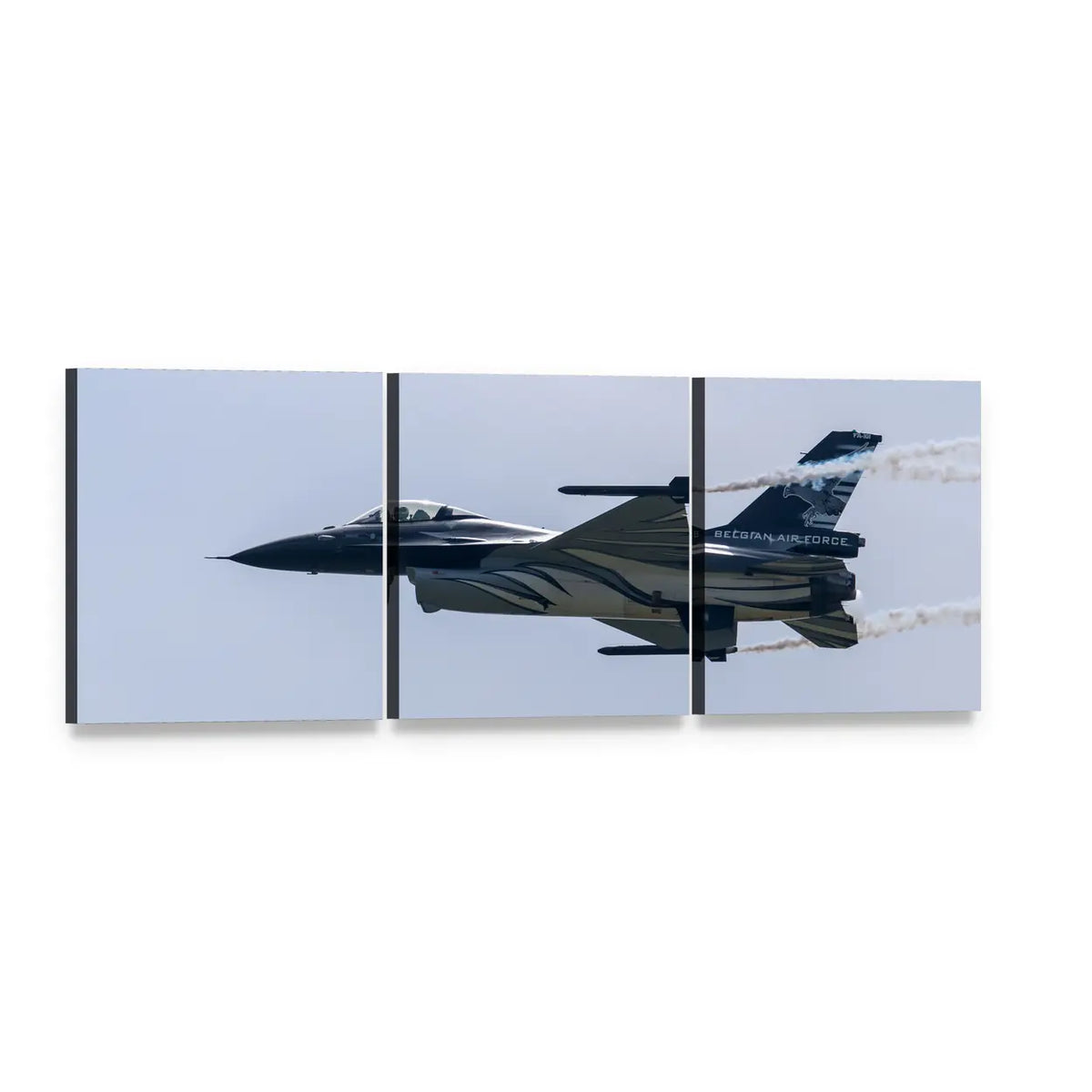 F-16 Fighting Falcon with Belgian Markings Panoramic Canvas Wall Art, 3 panel 3 Piece layout gallery wrapped canvas set, angled product view