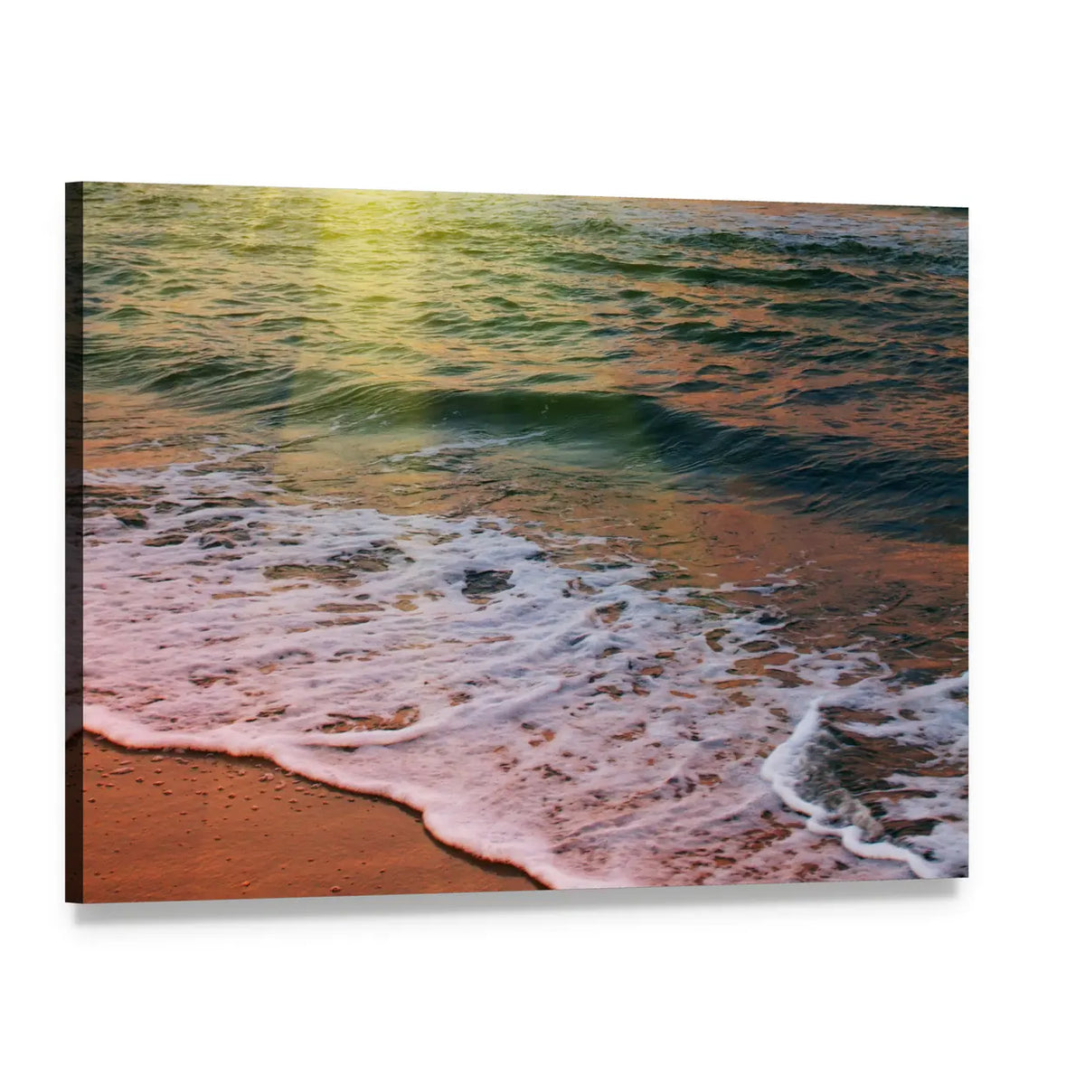 Golden Beach Sunset with Sea Foam Canvas Wall Art, single panel gallery wrapped canvas, angled product view