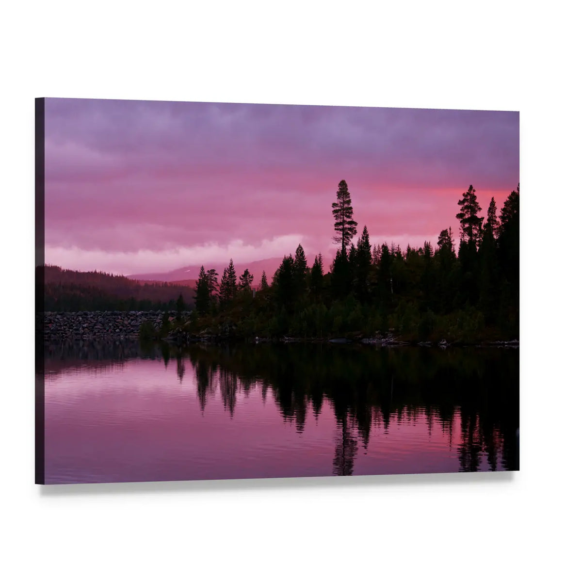 Twilight Lake with Pine Silhouettes Canvas Wall Art, single panel gallery wrapped canvas, angled product view