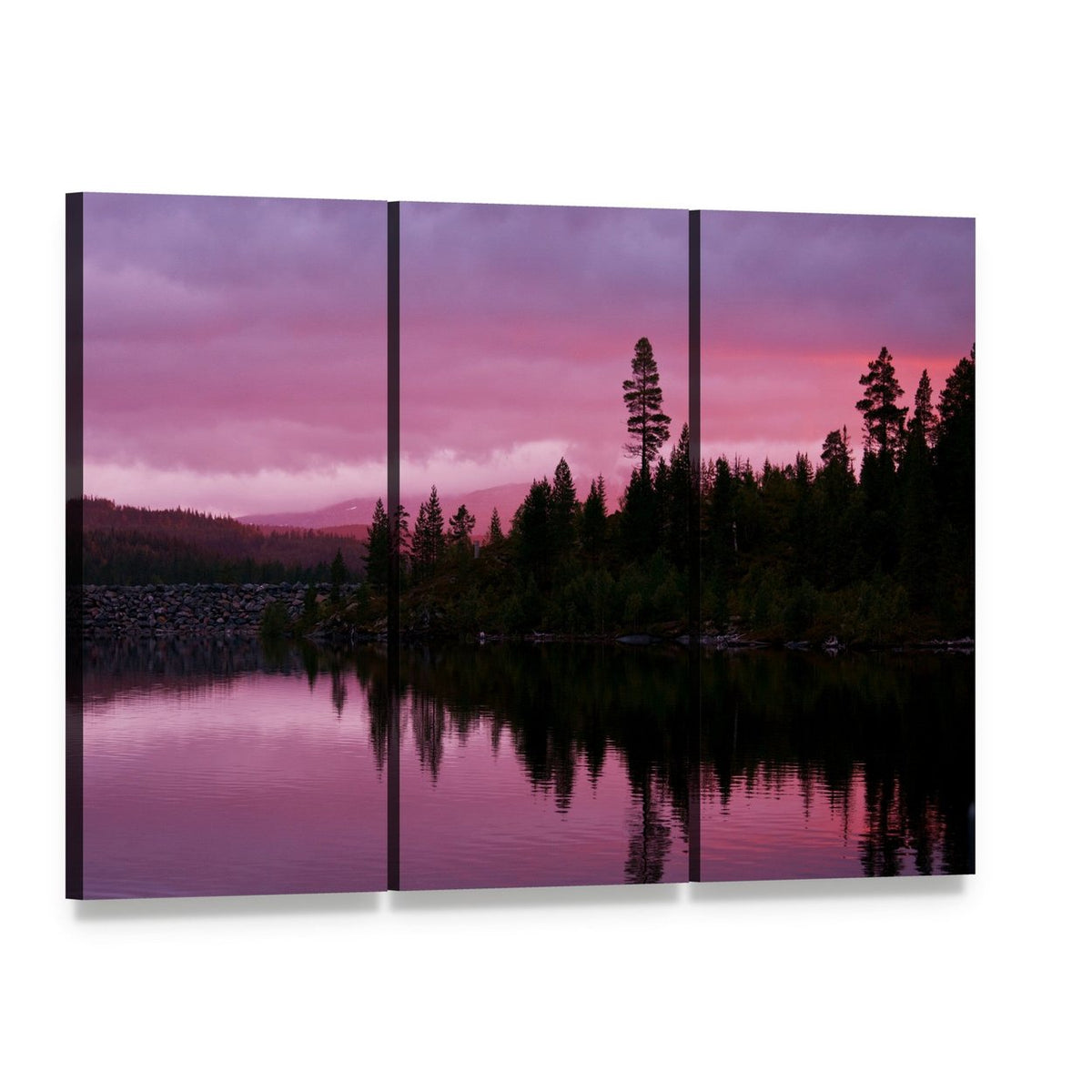 Purple Sunrise Over Lake Canvas Wall Art, 3 panel 3 Horizontal layout gallery wrapped canvas set, angled product view