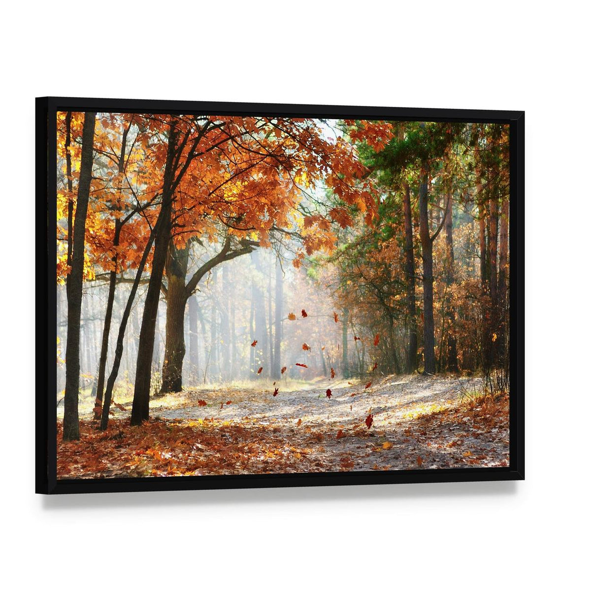 Falling Oak Leaves Canvas Wall Art, framed canvas in a black floater frame, angled product view