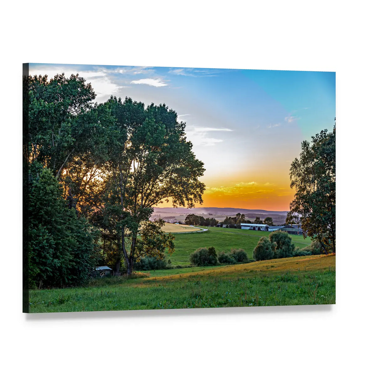 Summer Sunset Over Rolling Hills Canvas Wall Art, single panel gallery wrapped canvas, angled product view