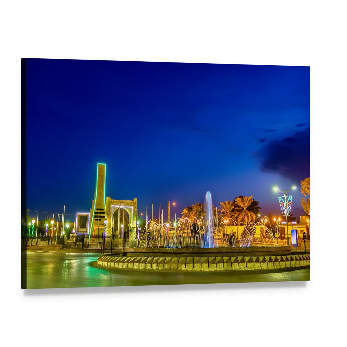 Night Fountain with Arched Gateway Canvas Wall Art, single panel gallery wrapped canvas, angled product view