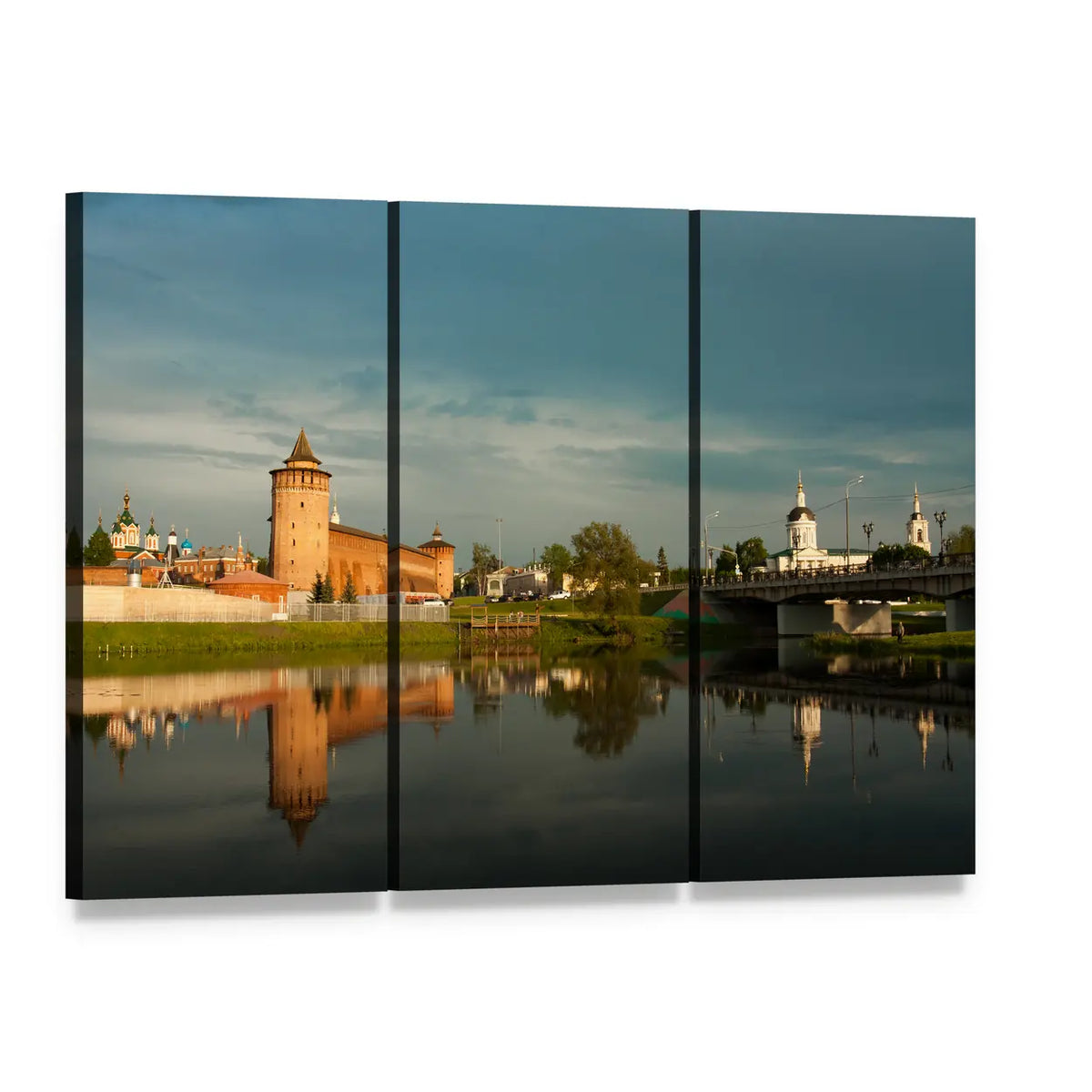 Marinkin Tower with Church Canvas Wall Art, 3 panel 3 Horizontal layout gallery wrapped canvas set, angled product view