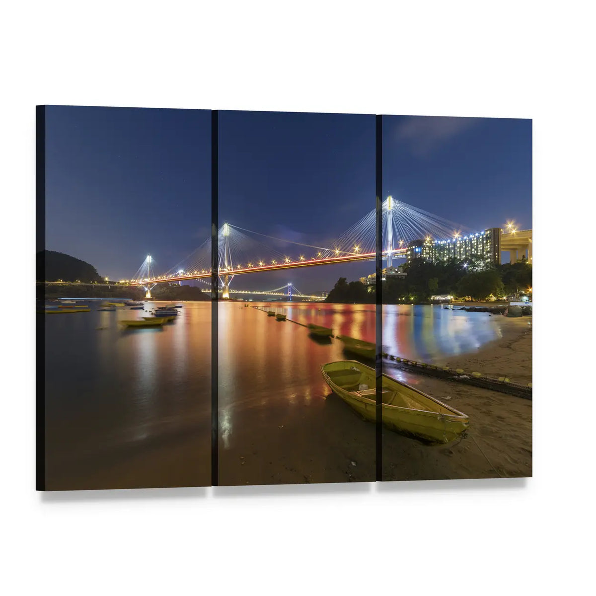 Ting Kau Bridge at Night Canvas Wall Art, 3 panel 3 Horizontal layout gallery wrapped canvas set, angled product view