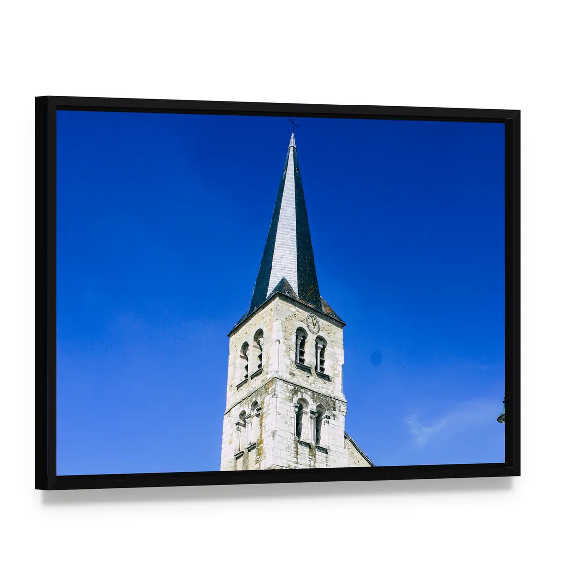 Historic Church with Steeple and Arched Windows Canvas Wall Art, framed canvas in a black floater frame, angled product view