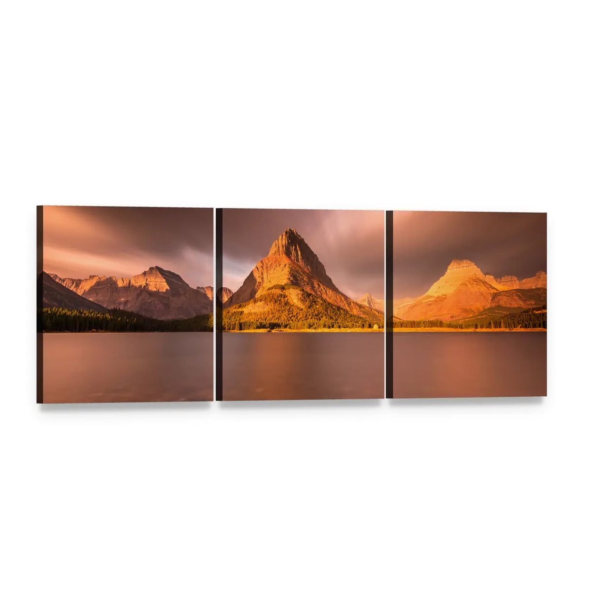 Mount Grinnell at Sunrise Panoramic Canvas Wall Art, 3 panel 3 Piece layout gallery wrapped canvas set, angled product view