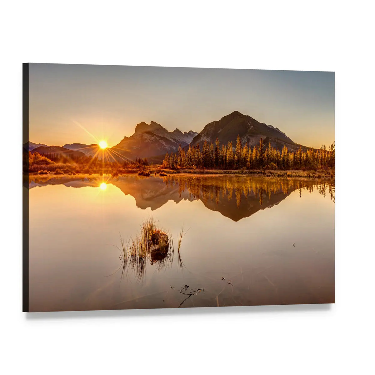 Sunrise Over Snow-dusted Mountain Lake Canvas Wall Art, single panel gallery wrapped canvas, angled product view