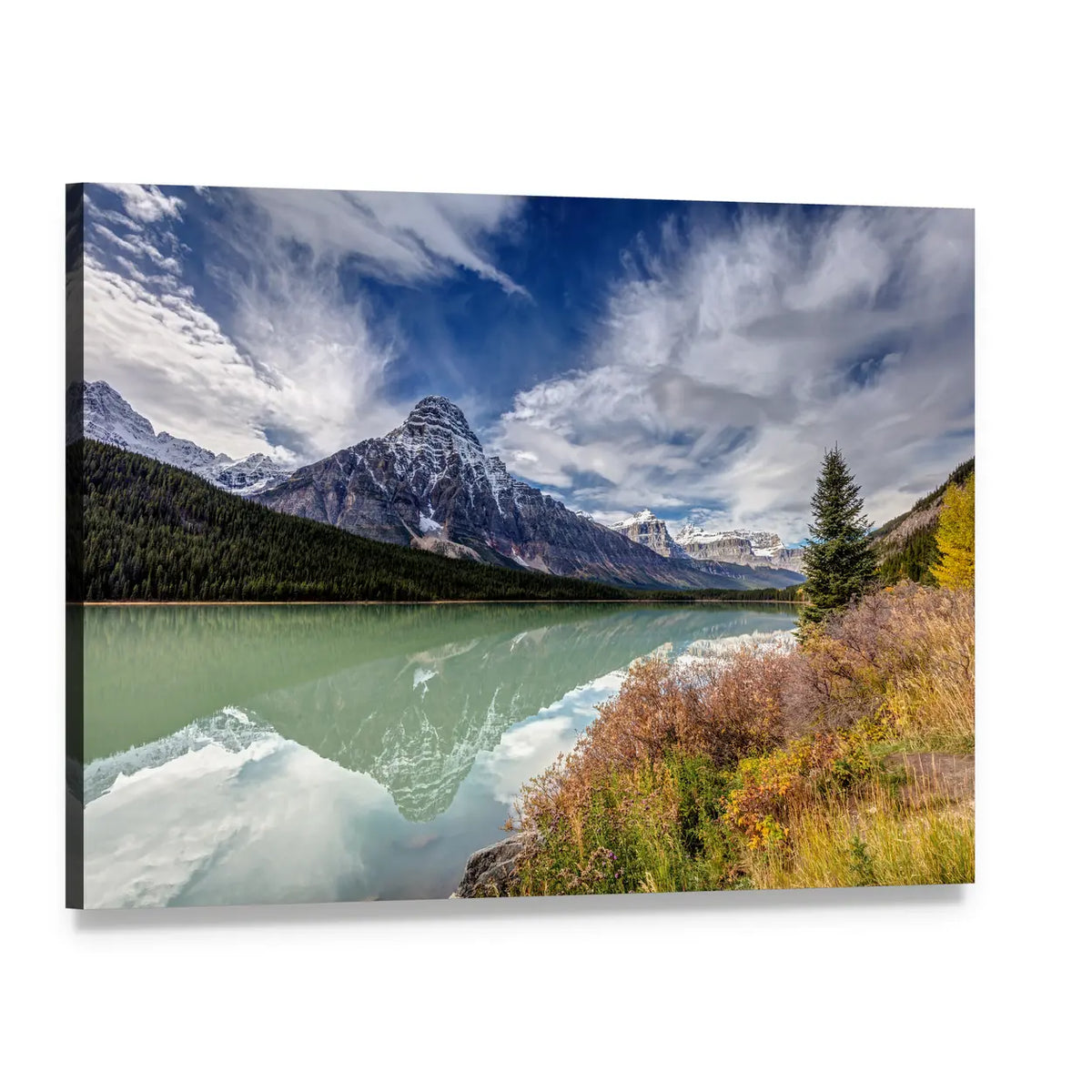 Mt Chephren Autumn Reflection Canvas Wall Art, single panel gallery wrapped canvas, angled product view