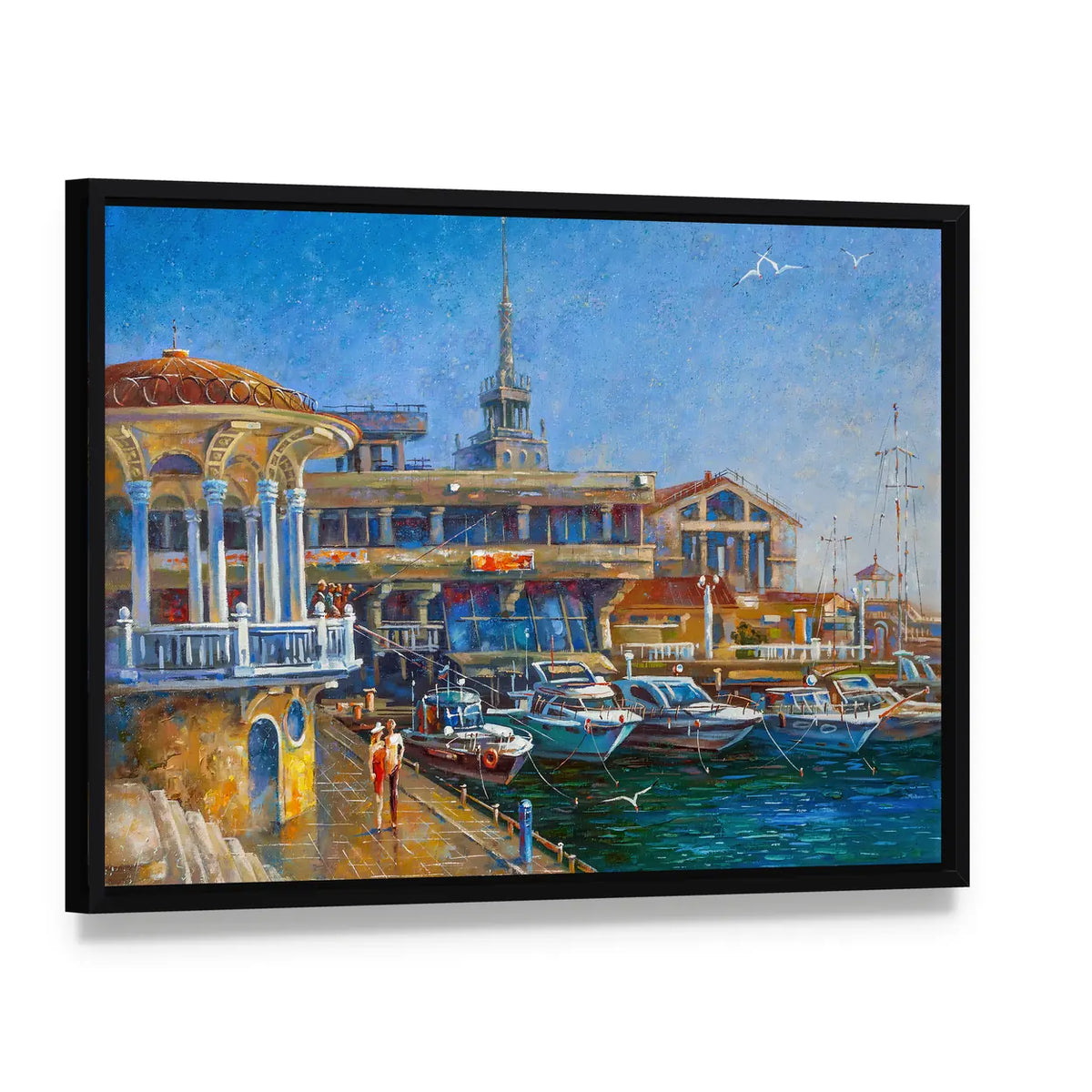Sochi Harbor with Docked Boats Canvas Wall Art, framed canvas in a black floater frame, angled product view