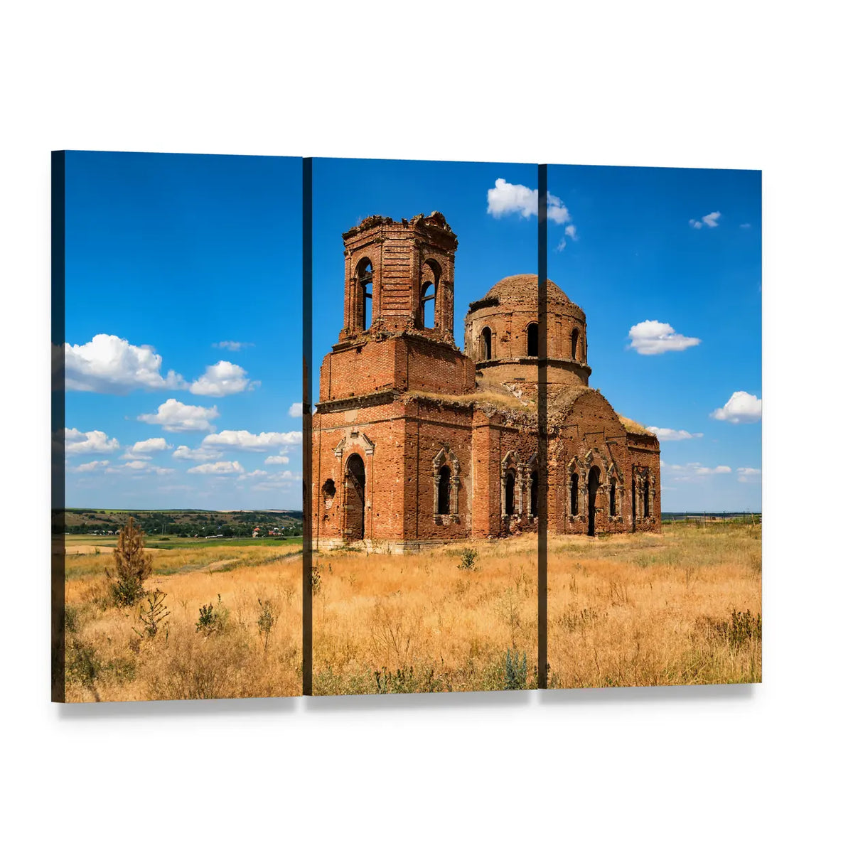 Ruined Orthodox Cathedral Canvas Wall Art, 3 panel 3 Horizontal layout gallery wrapped canvas set, angled product view