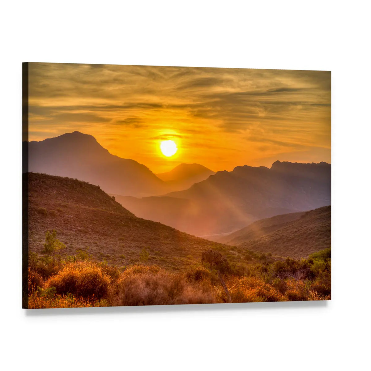 Orange Sunset Over Mountains Canvas Wall Art, single panel gallery wrapped canvas, angled product view