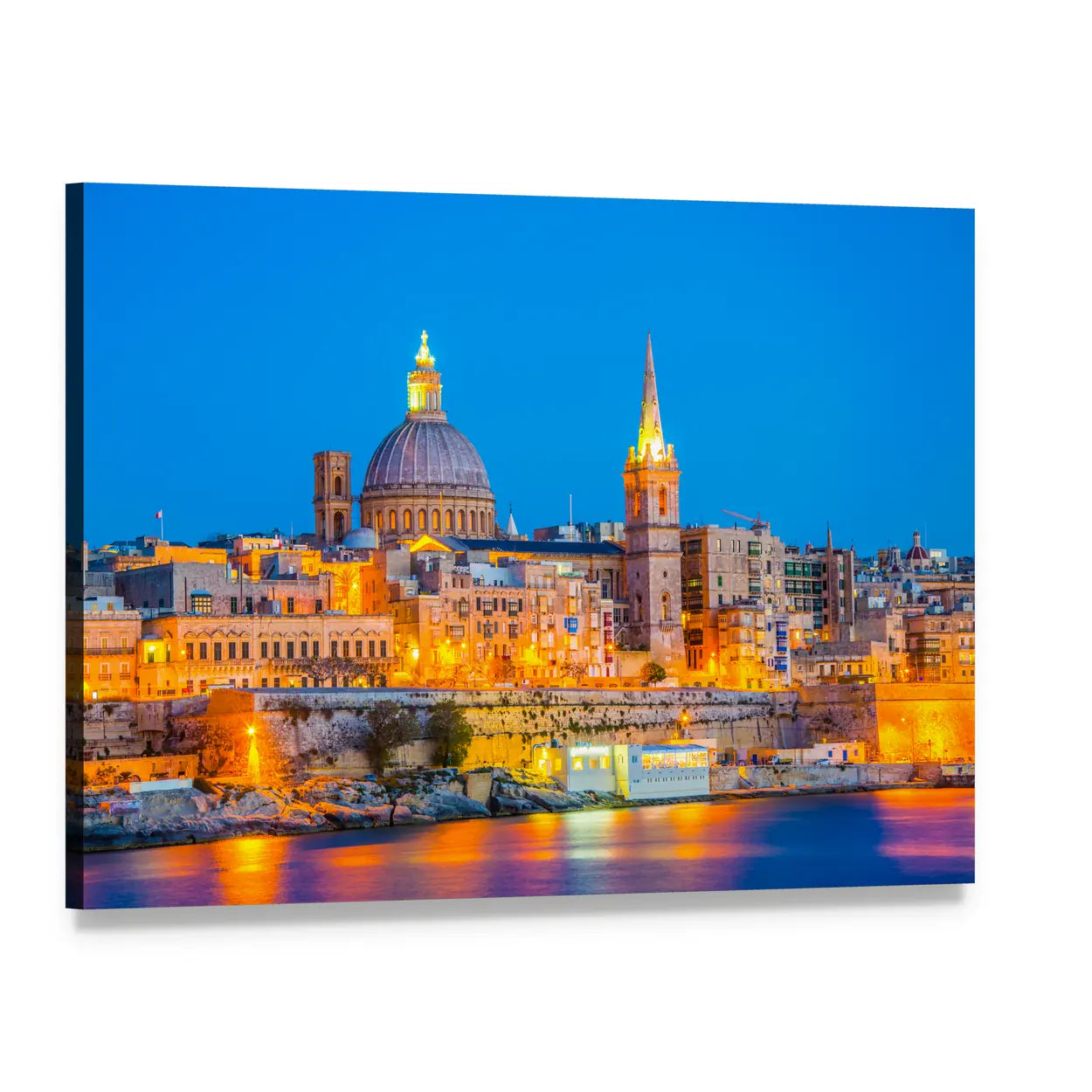 Valletta Night Skyline at Twilight Canvas Wall Art, single panel gallery wrapped canvas, angled product view