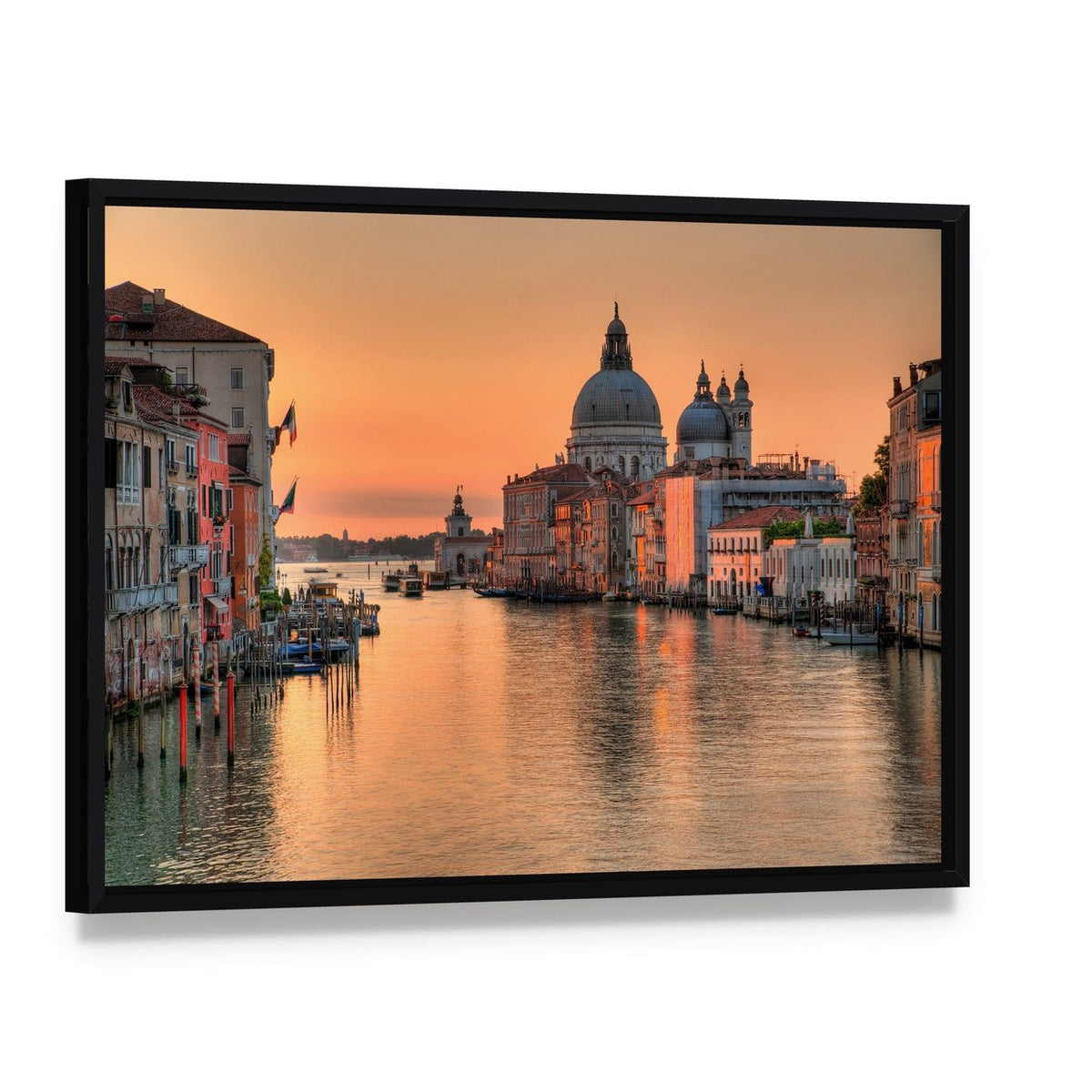 Grand Canal at Sunset in Venice Canvas Wall Art, framed canvas in a black floater frame, angled product view
