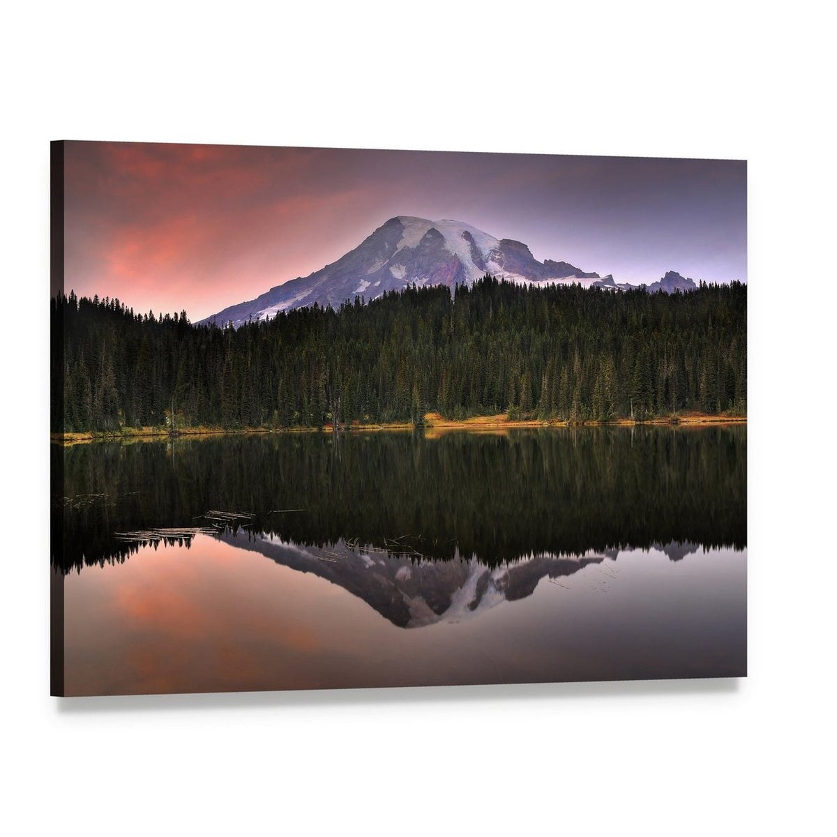 Mount Rainier Reflected in Lake Canvas Wall Art, single panel gallery wrapped canvas, angled product view