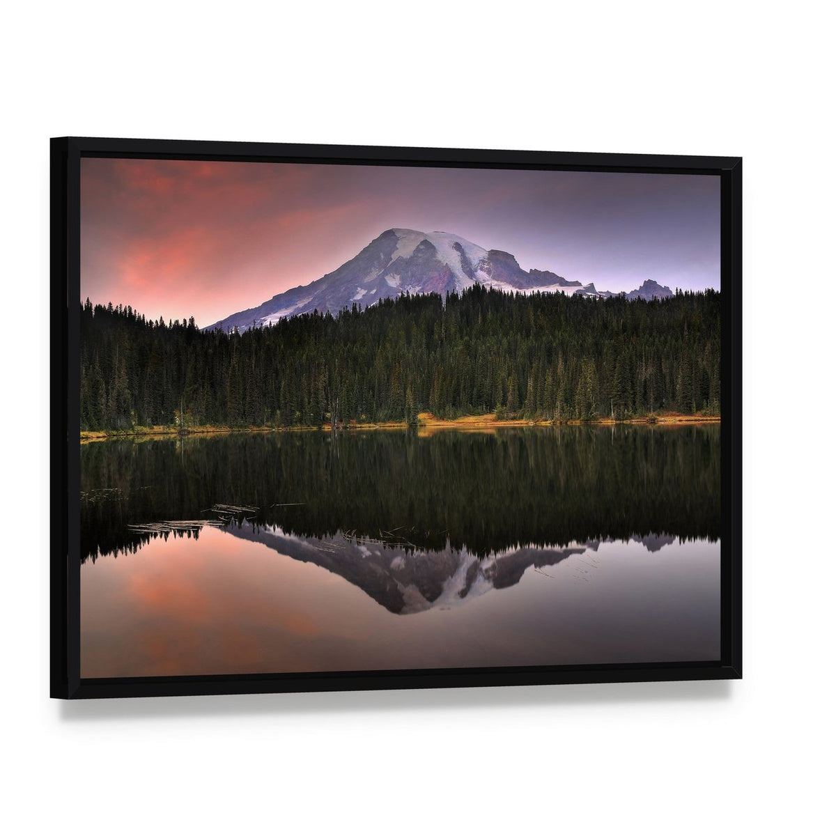 Mount Rainier Reflected in Lake Canvas Wall Art, framed canvas in a black floater frame, angled product view