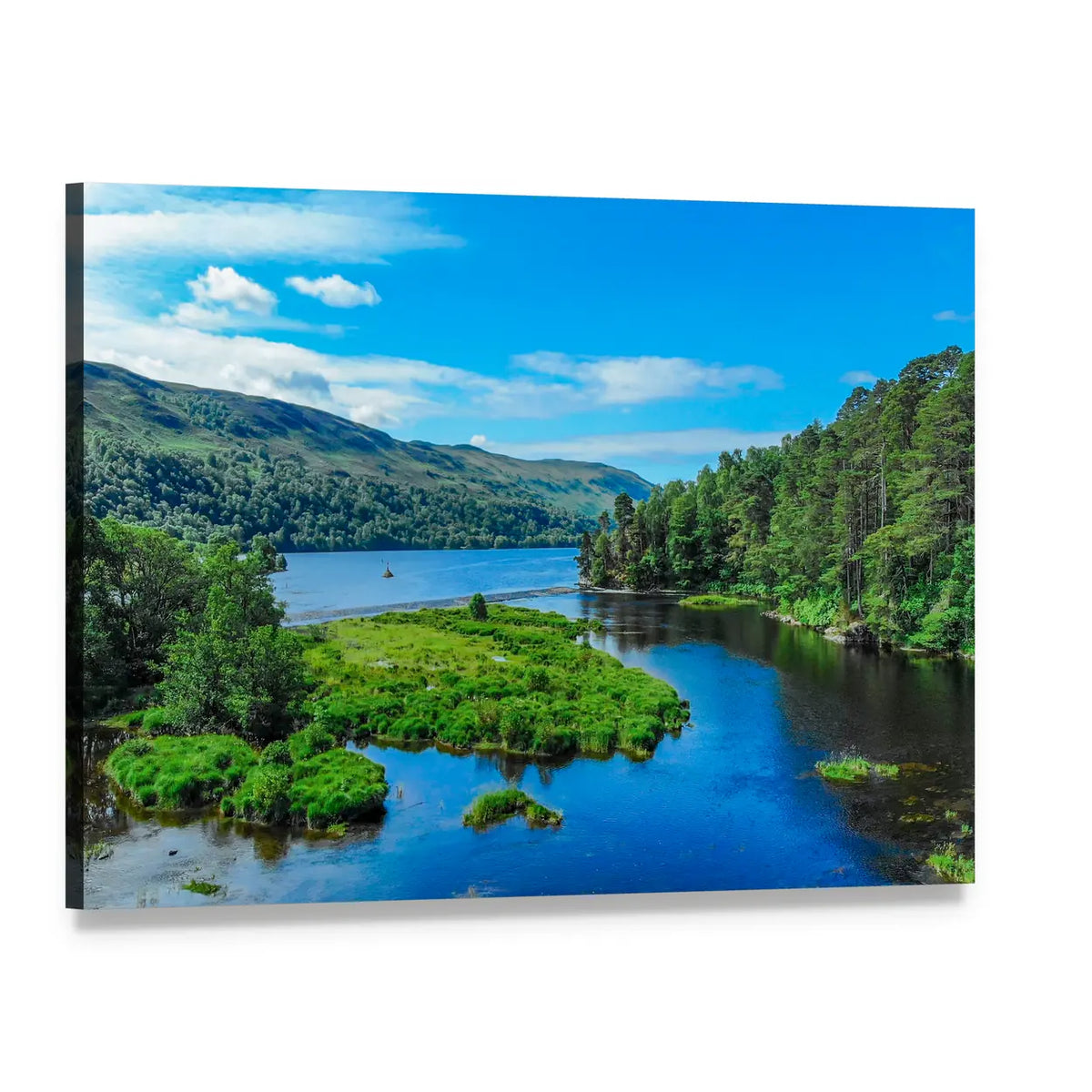 Island on a Mountain Lake Canvas Wall Art, single panel gallery wrapped canvas, angled product view