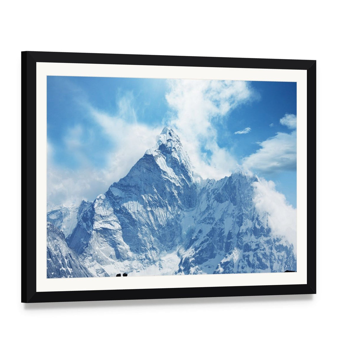 Climber on Himalaya Canvas Wall Art, framed print with white mat and black frame, angled product view