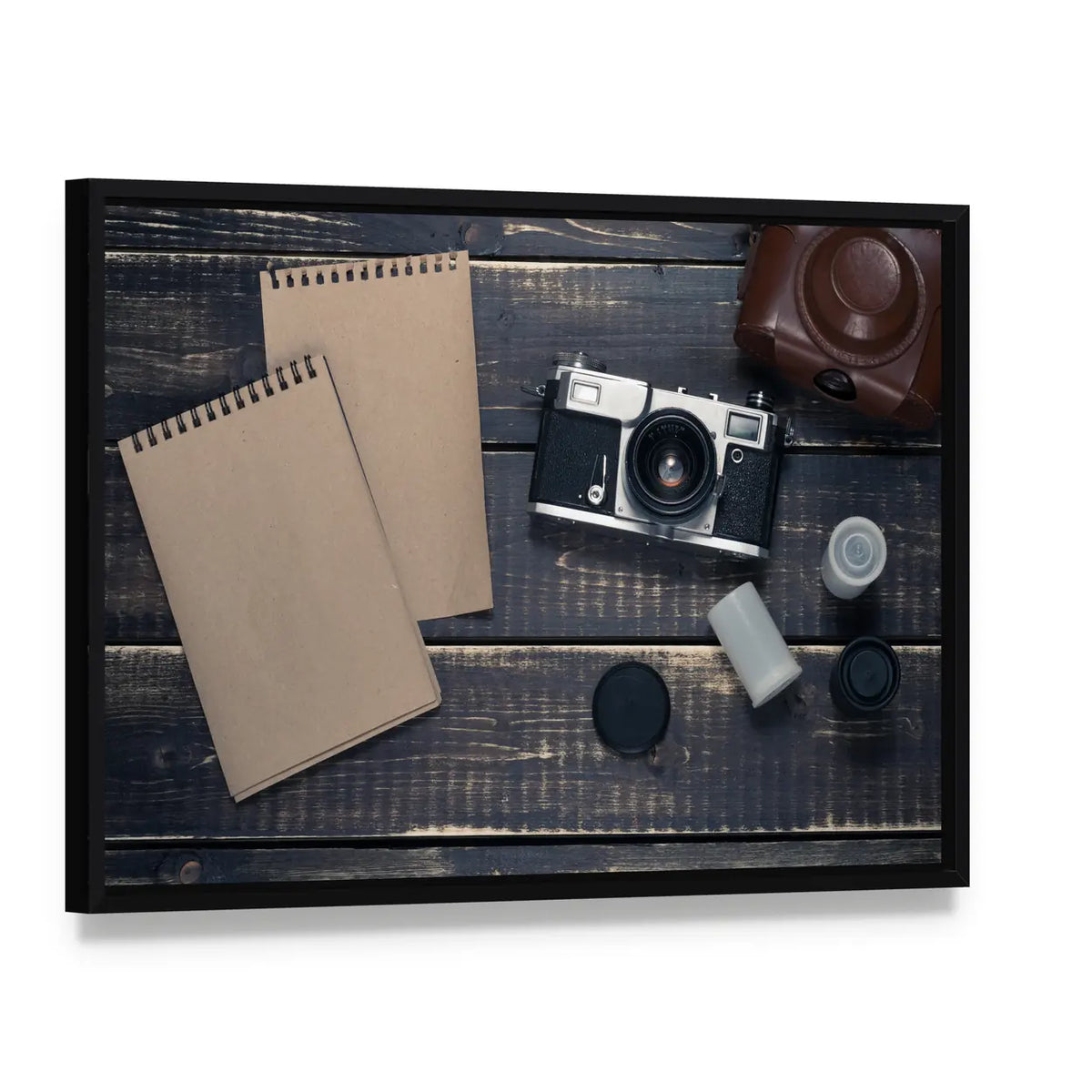 Vintage Rangefinder Camera Flat-lay Canvas Wall Art, framed canvas in a black floater frame, angled product view