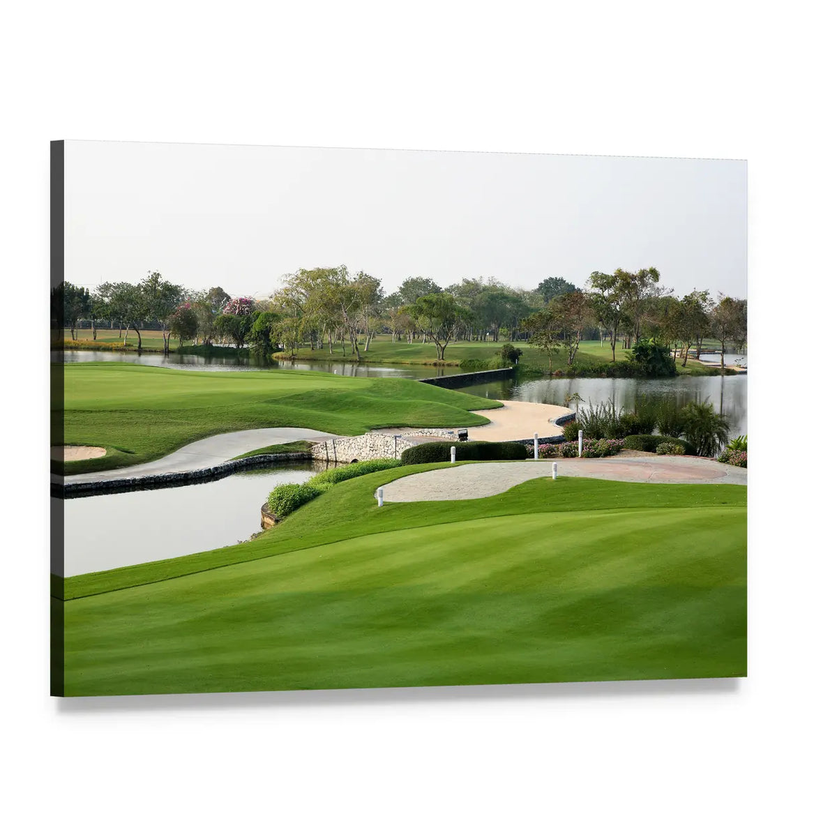 Golf Course with Water Hazard and Bunkers Canvas Wall Art, single panel gallery wrapped canvas, angled product view