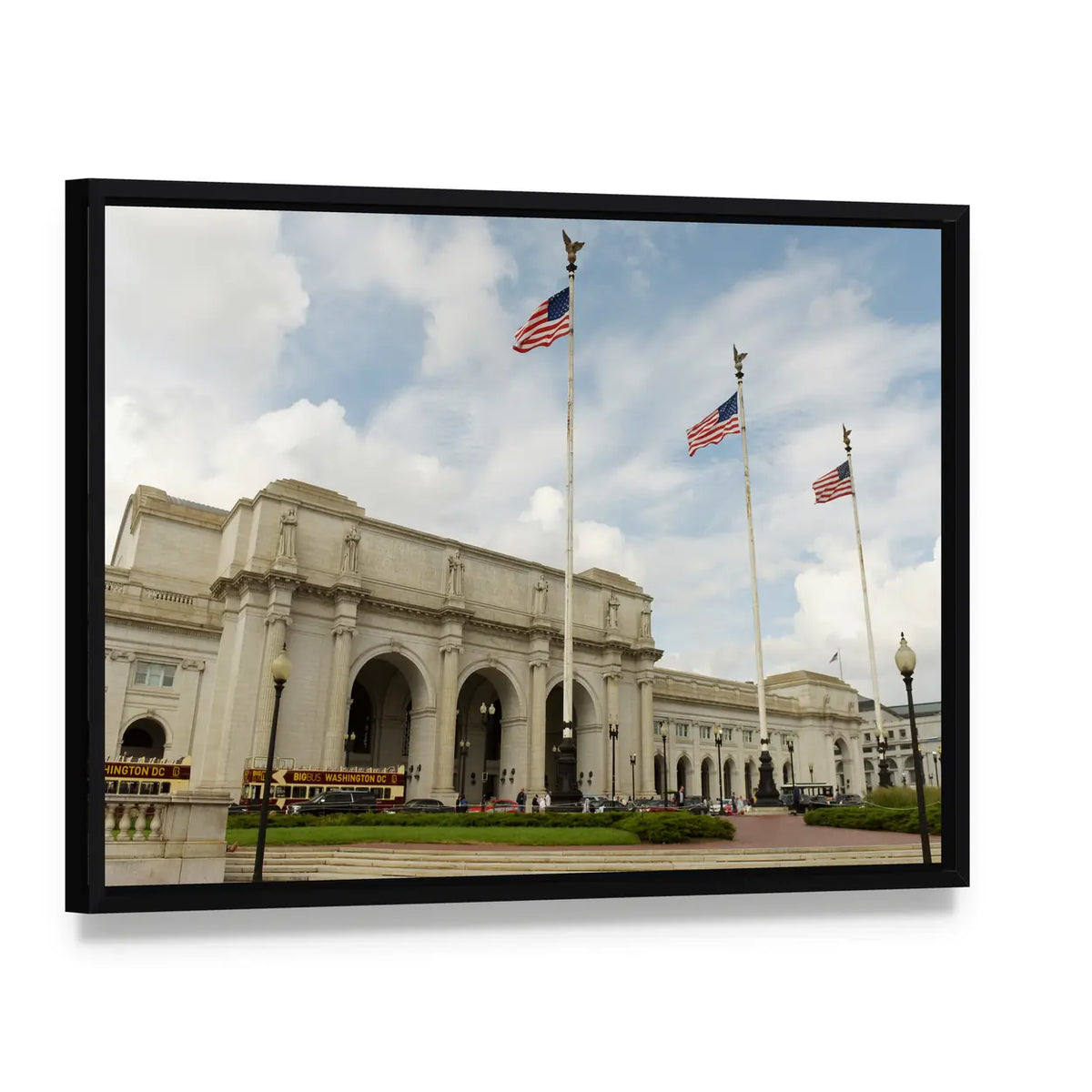 Washington Union Station Canvas Wall Art, framed canvas in a black floater frame, angled product view
