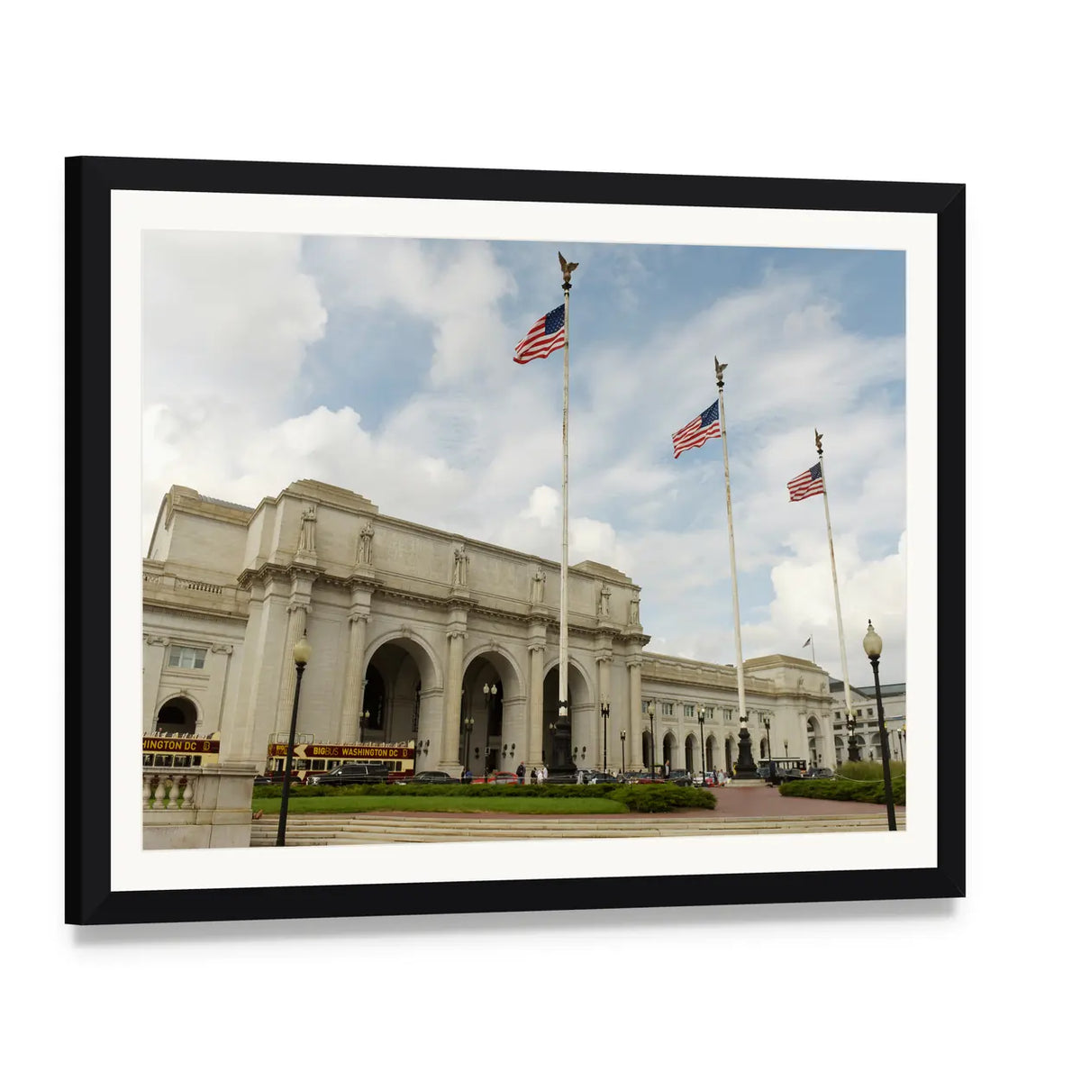 Washington Union Station Canvas Wall Art, framed print with white mat and black frame, angled product view