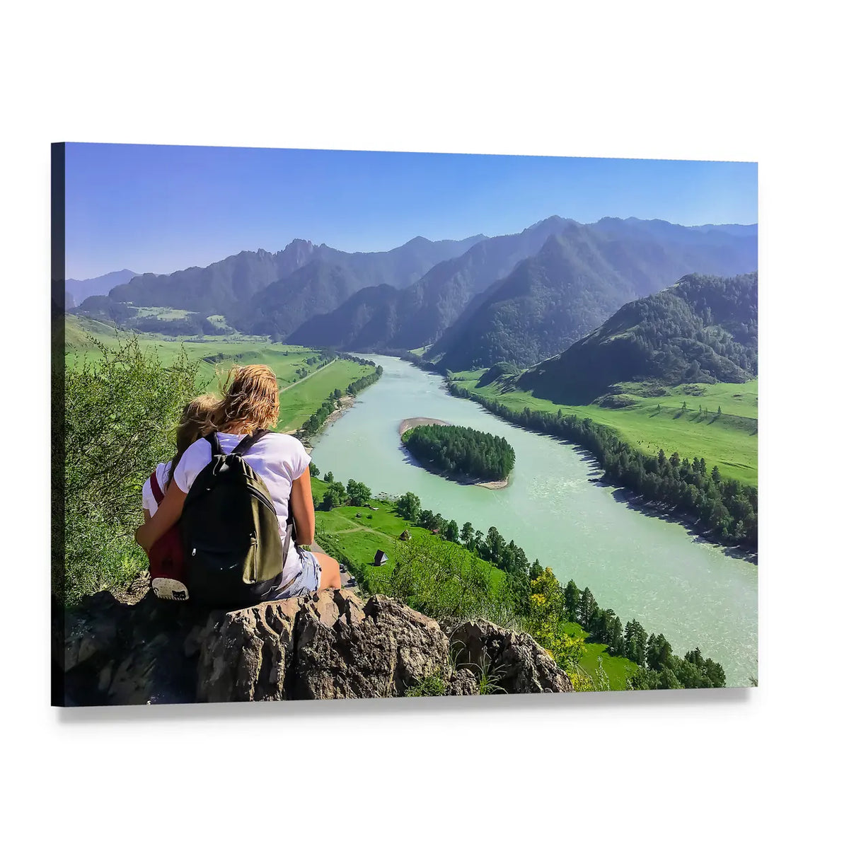 Two Hikers by Mountain River Canvas Wall Art, single panel gallery wrapped canvas, angled product view