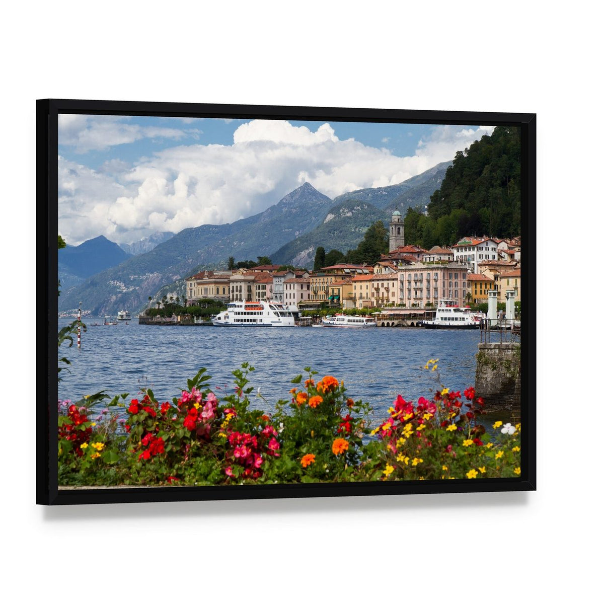 Small Town of Bellagio at Lake Canvas Wall Art, framed canvas in a black floater frame, angled product view