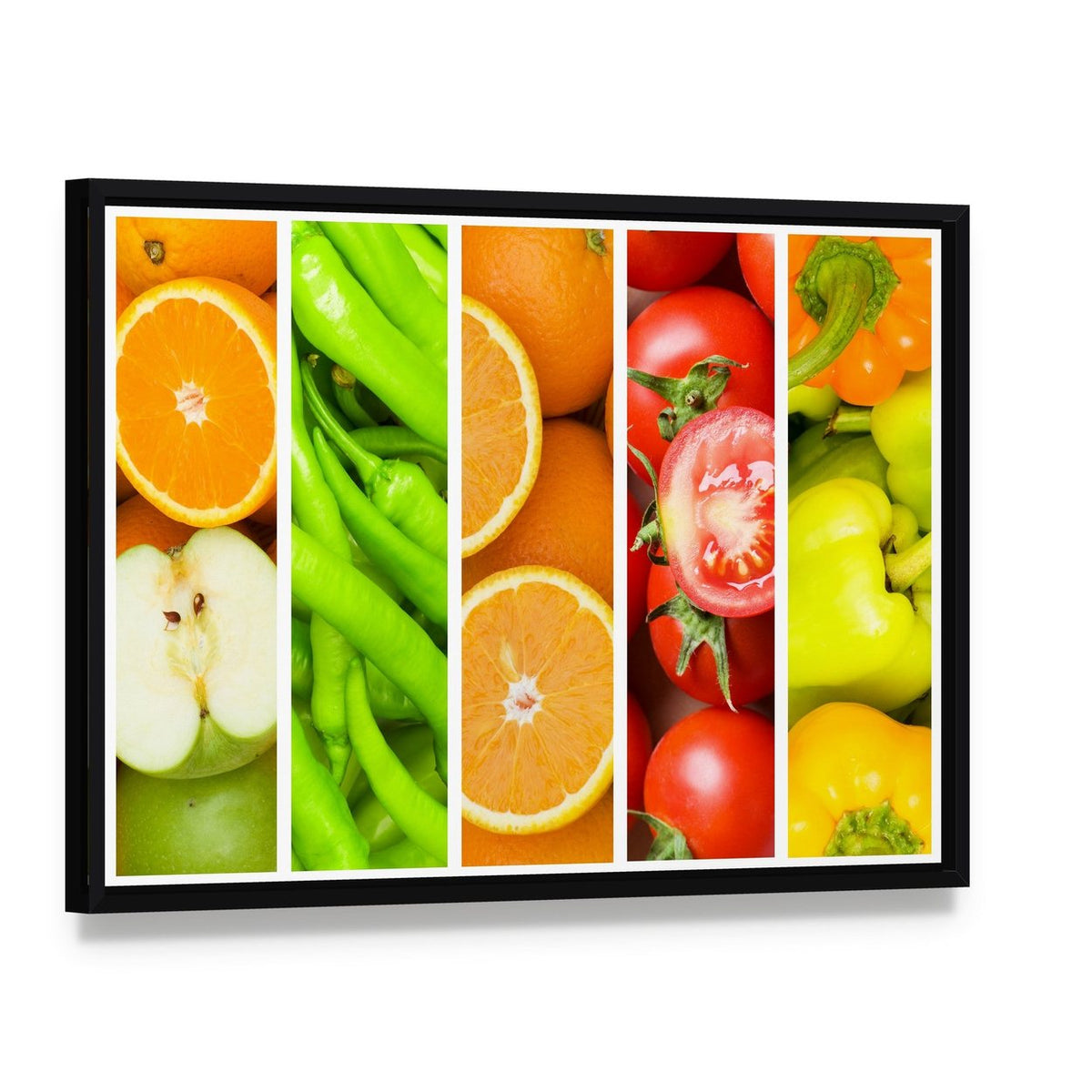 Collage of Fruits and Vegetables Canvas Wall Art, framed canvas in a black floater frame, angled product view