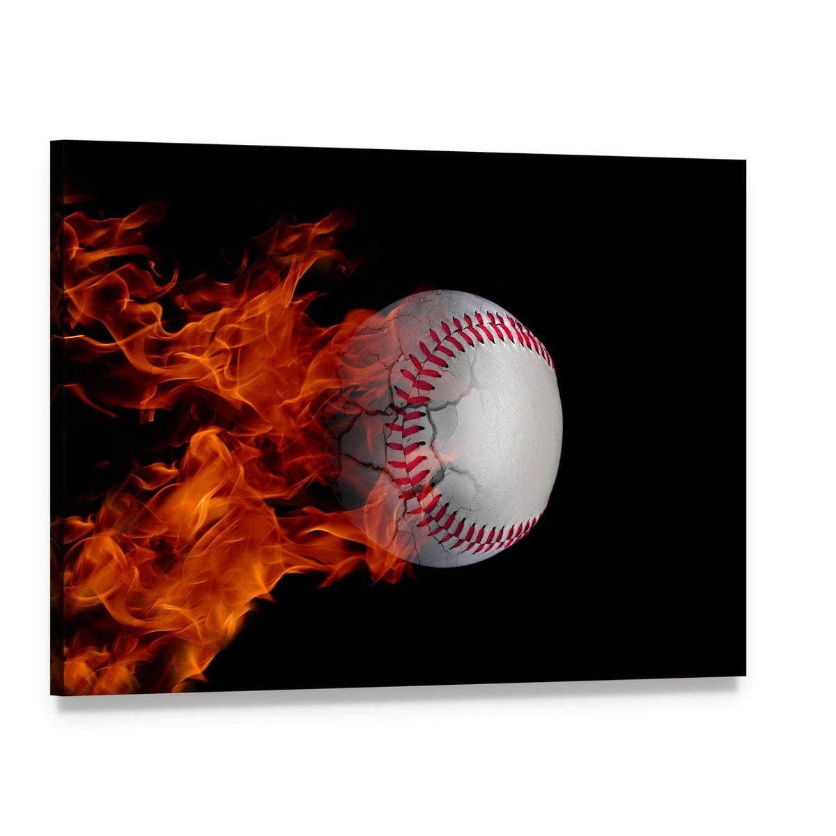 Cracked Baseball on Fire Canvas Wall Art, single panel gallery wrapped canvas, angled product view