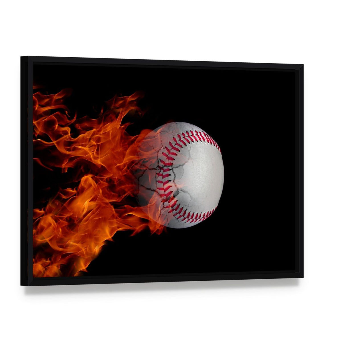 Cracked Baseball on Fire Canvas Wall Art, framed canvas in a black floater frame, angled product view
