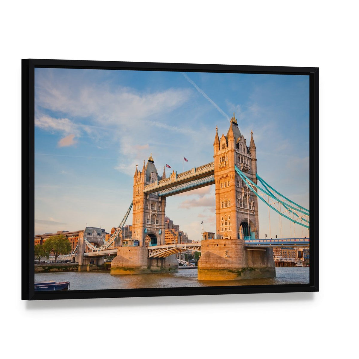 Tower Bridge in Day View Canvas Wall Art, framed canvas in a black floater frame, angled product view