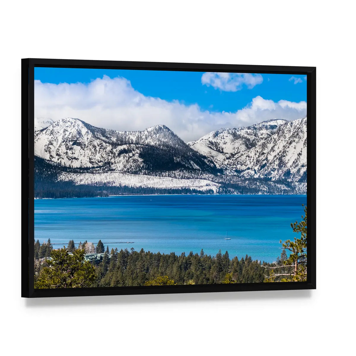 Lake Tahoe Snow-capped Sierra Peaks Canvas Wall Art, framed canvas in a black floater frame, angled product view