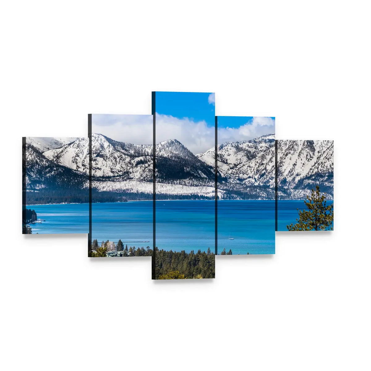 Lake Tahoe Snow-capped Sierra Peaks Canvas Wall Art, 5 panel 5 Star layout gallery wrapped canvas set, angled product view