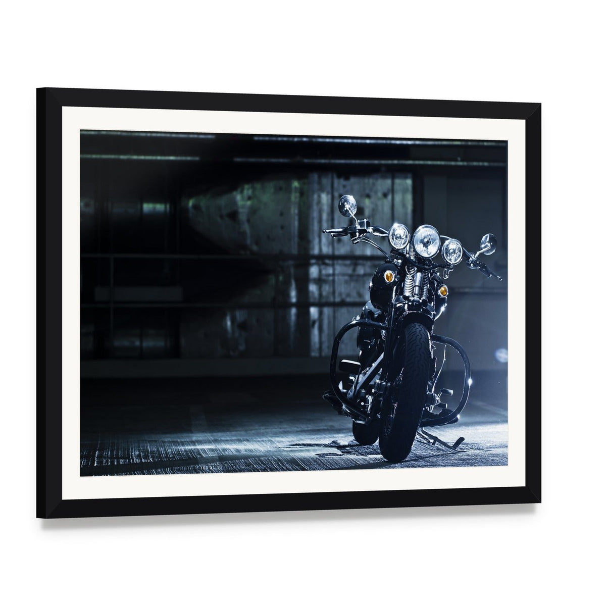 Motorbike in Garage Canvas Wall Art, framed print with white mat and black frame, angled product view