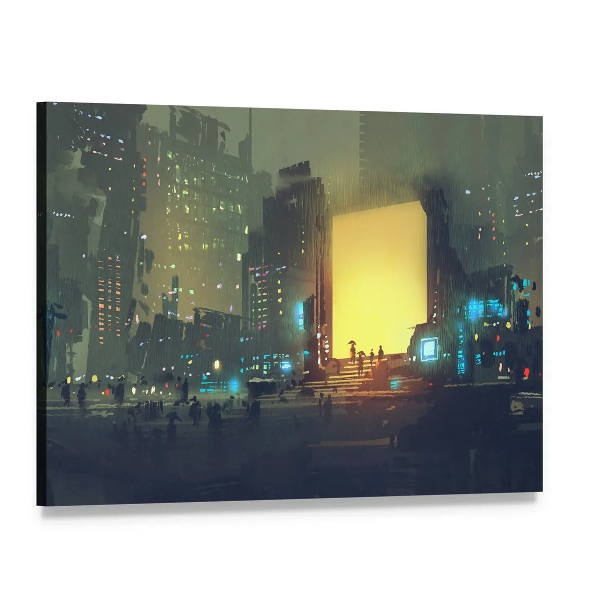 Rain-soaked Futuristic Cityscape Canvas Wall Art, single panel gallery wrapped canvas, angled product view